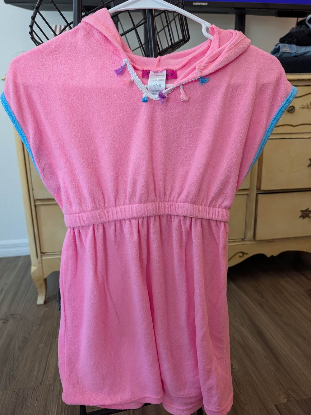 Betsey Johnson Pink Hooded Terry Coverup with Blue Trim and Tassels